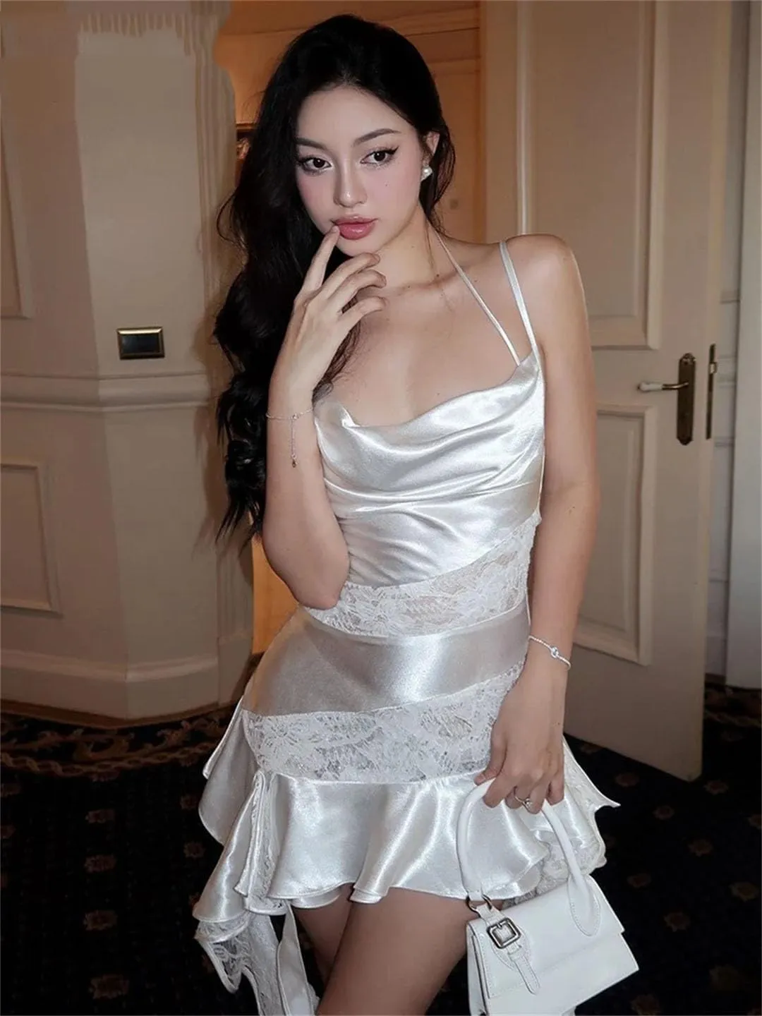 Women Irregular Hem Sundresses Lace Satin Patchwork Ruffles Long Tassels Temperament Party Mini Bodycon