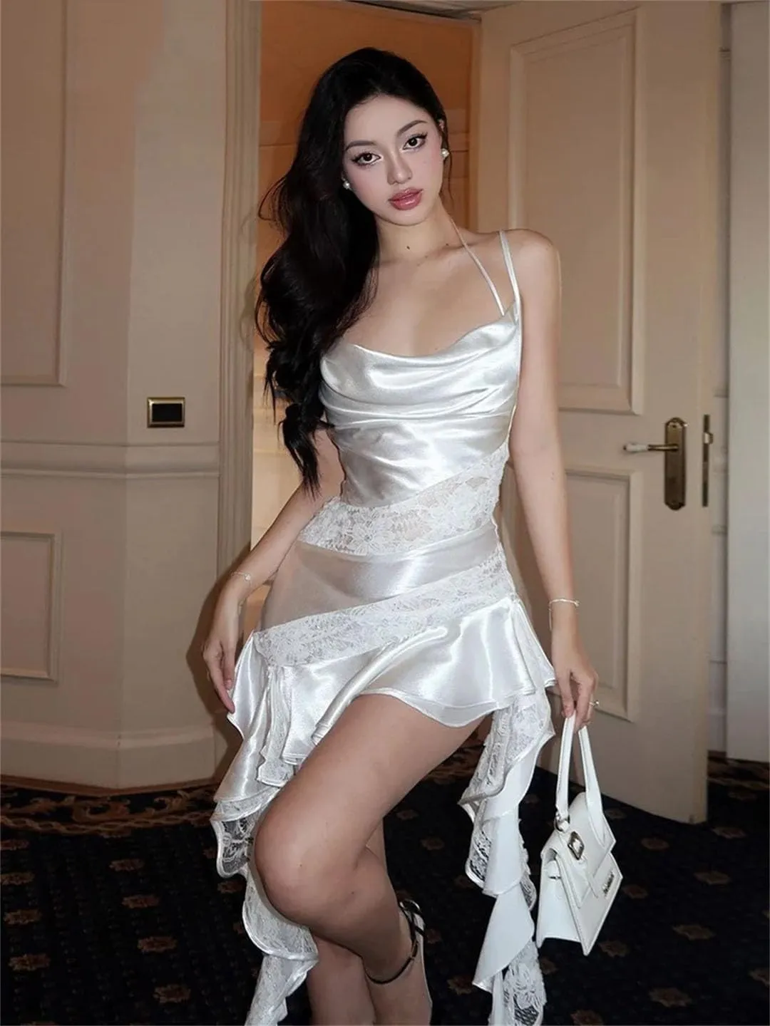 Women Irregular Hem Sundresses Lace Satin Patchwork Ruffles Long Tassels Temperament Party Mini Bodycon