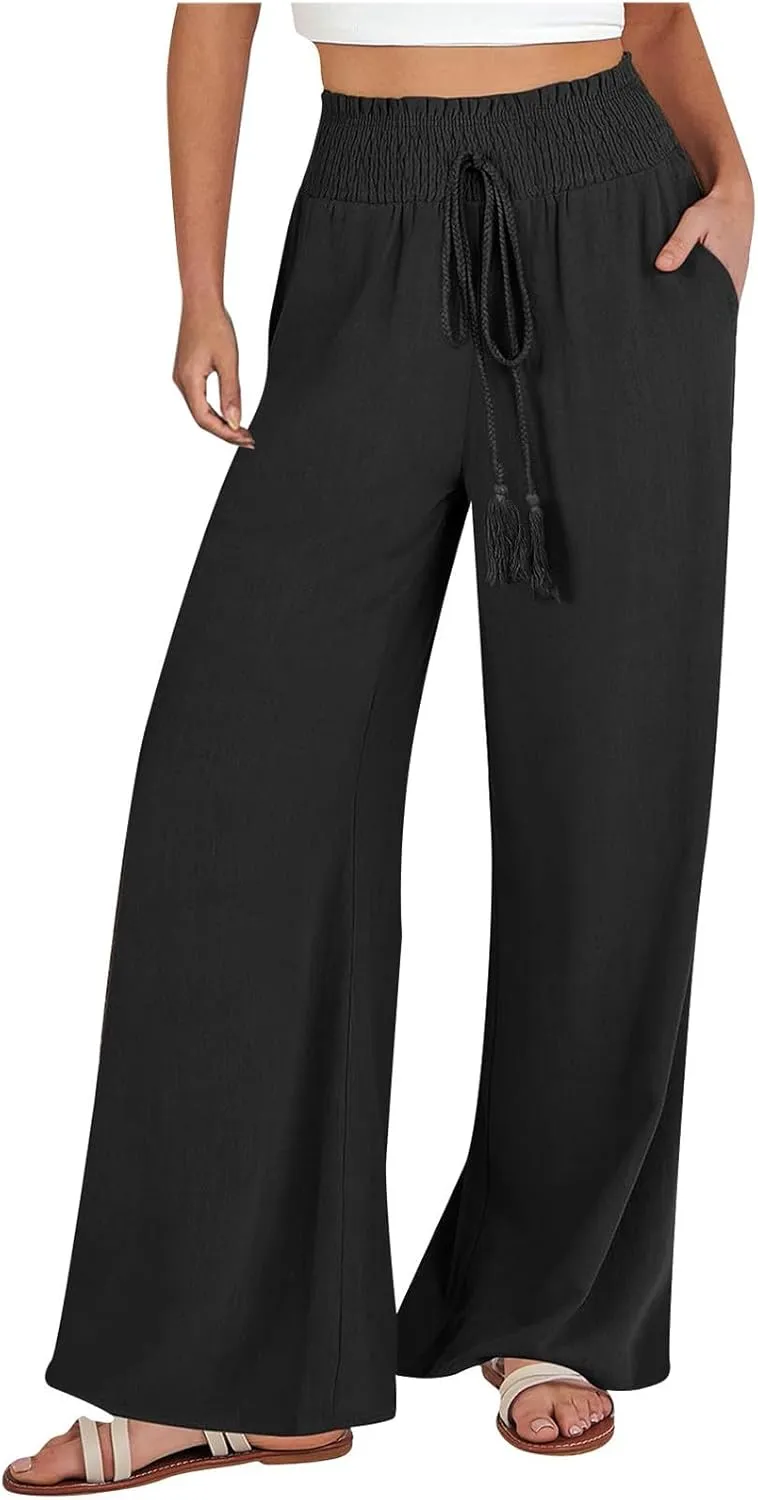 Women Linen Pants Elastic High Waisted Wide Leg Pants Summer 2024 Beach Palazzo Pants Comfy Flowy Trousers with Pockets