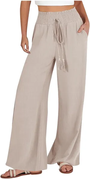Women Linen Pants Elastic High Waisted Wide Leg Pants Summer 2024 Beach Palazzo Pants Comfy Flowy Trousers with Pockets