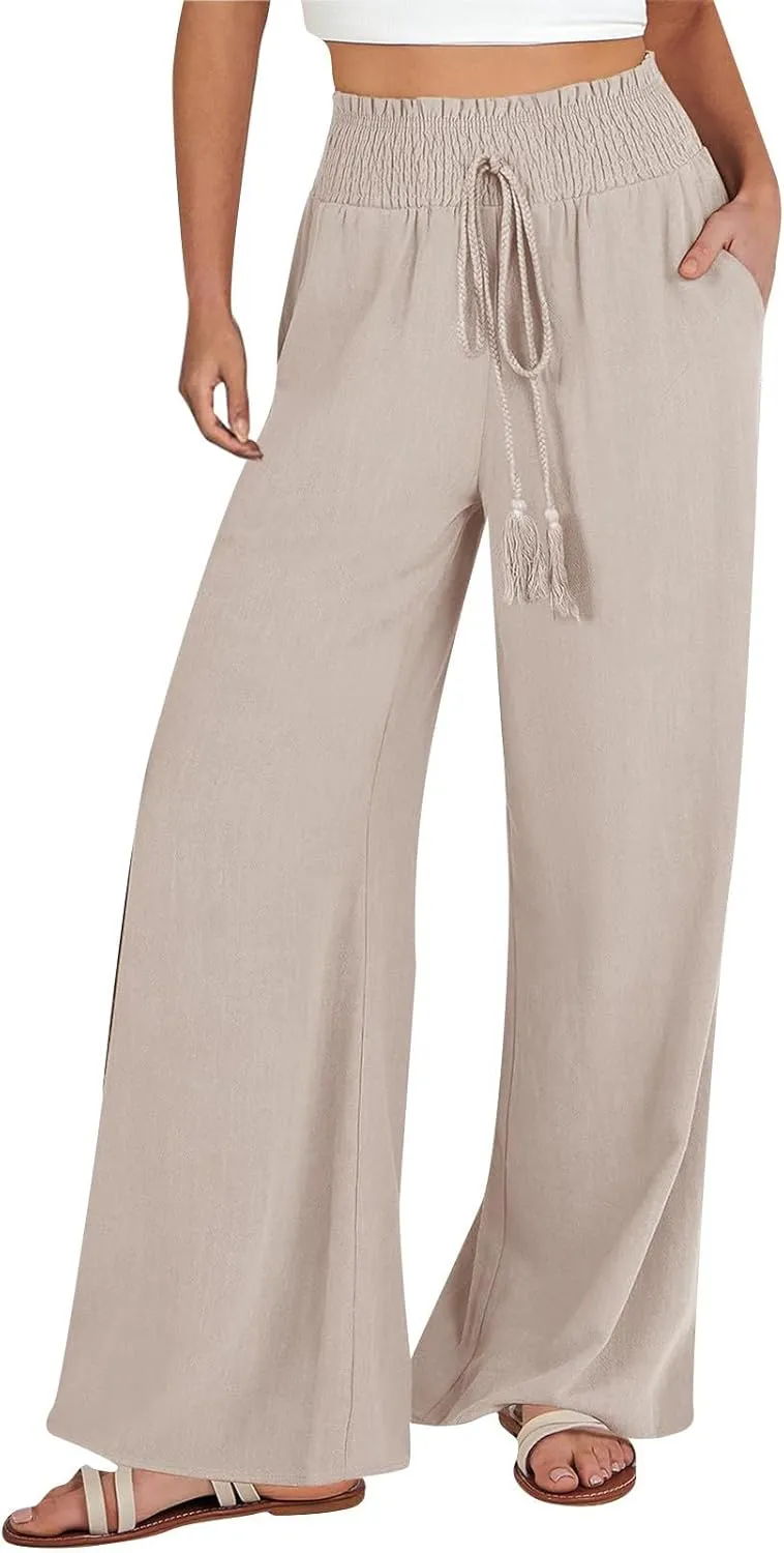 Women Linen Pants Elastic High Waisted Wide Leg Pants Summer 2024 Beach Palazzo Pants Comfy Flowy Trousers with Pockets