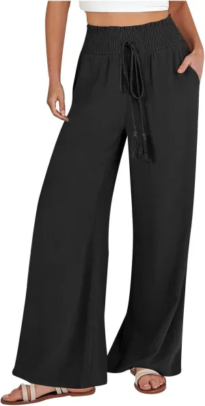 Women Linen Pants Elastic High Waisted Wide Leg Pants Summer 2024 Beach Palazzo Pants Comfy Flowy Trousers with Pockets