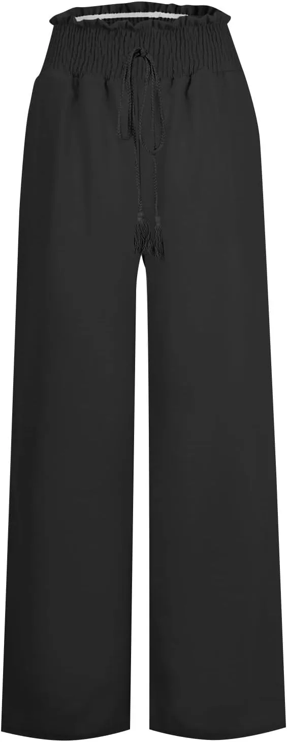 Women Linen Pants Elastic High Waisted Wide Leg Pants Summer 2024 Beach Palazzo Pants Comfy Flowy Trousers with Pockets
