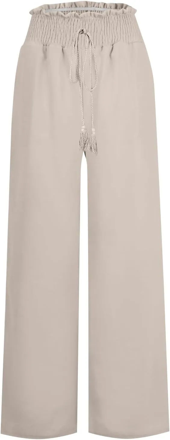 Women Linen Pants Elastic High Waisted Wide Leg Pants Summer 2024 Beach Palazzo Pants Comfy Flowy Trousers with Pockets