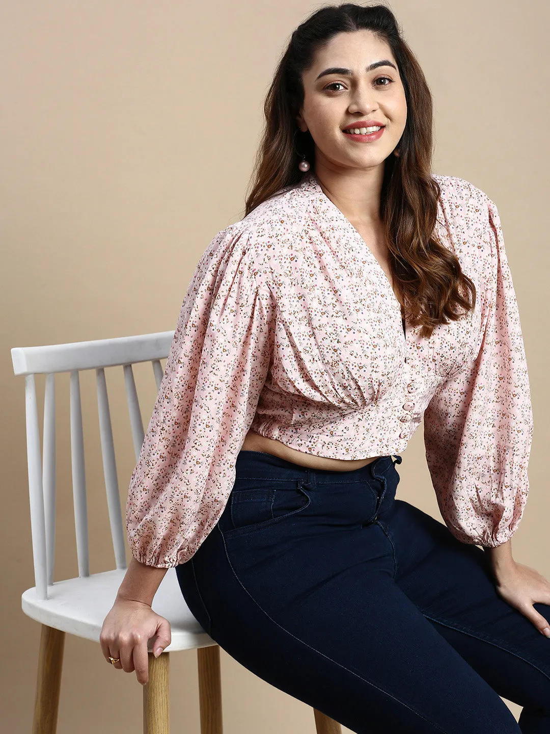 Women Pink Floral Printed Puffed Sleeves Blouson Crop Top