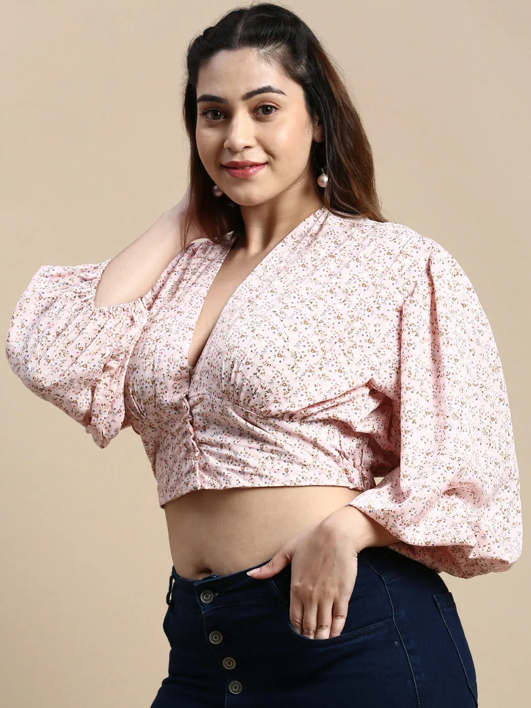 Women Pink Floral Printed Puffed Sleeves Blouson Crop Top
