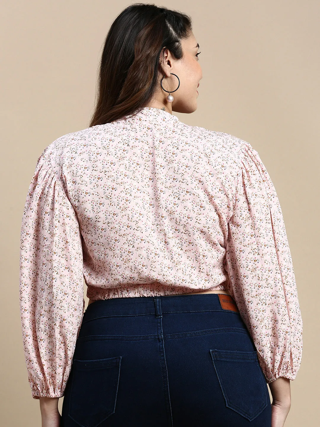 Women Pink Floral Printed Puffed Sleeves Blouson Crop Top