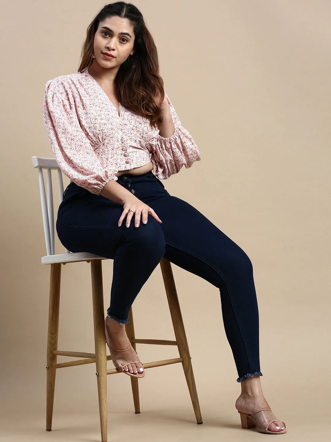 Women Pink Floral Printed Puffed Sleeves Blouson Crop Top