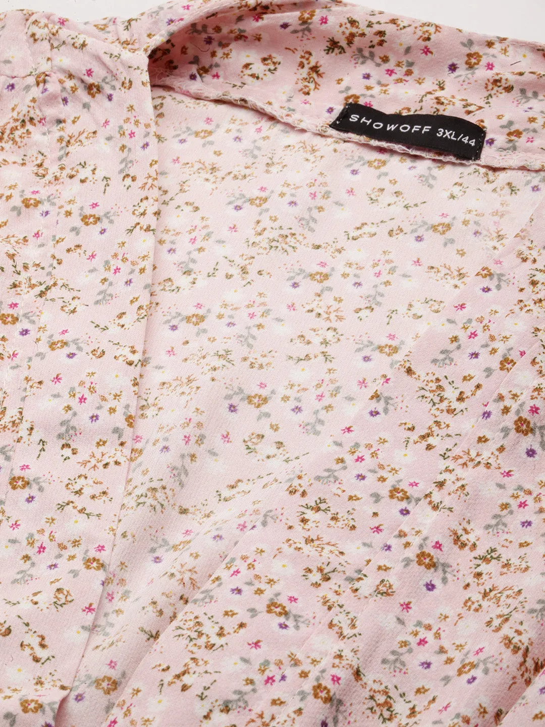 Women Pink Floral Printed Puffed Sleeves Blouson Crop Top