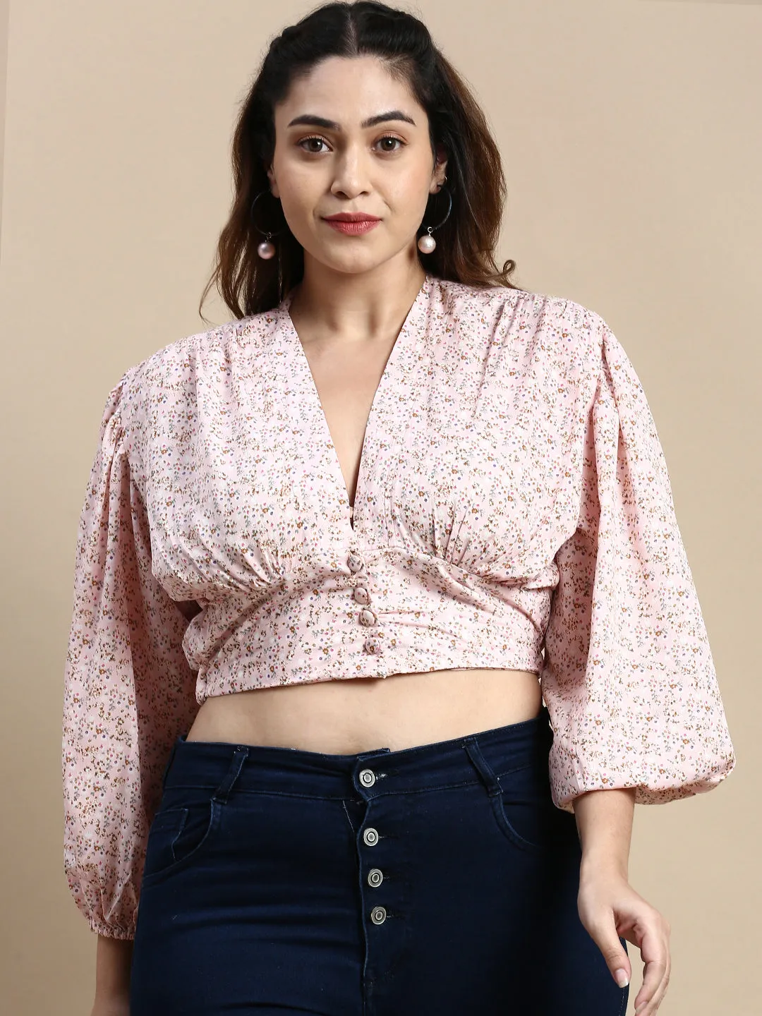 Women Pink Floral Printed Puffed Sleeves Blouson Crop Top