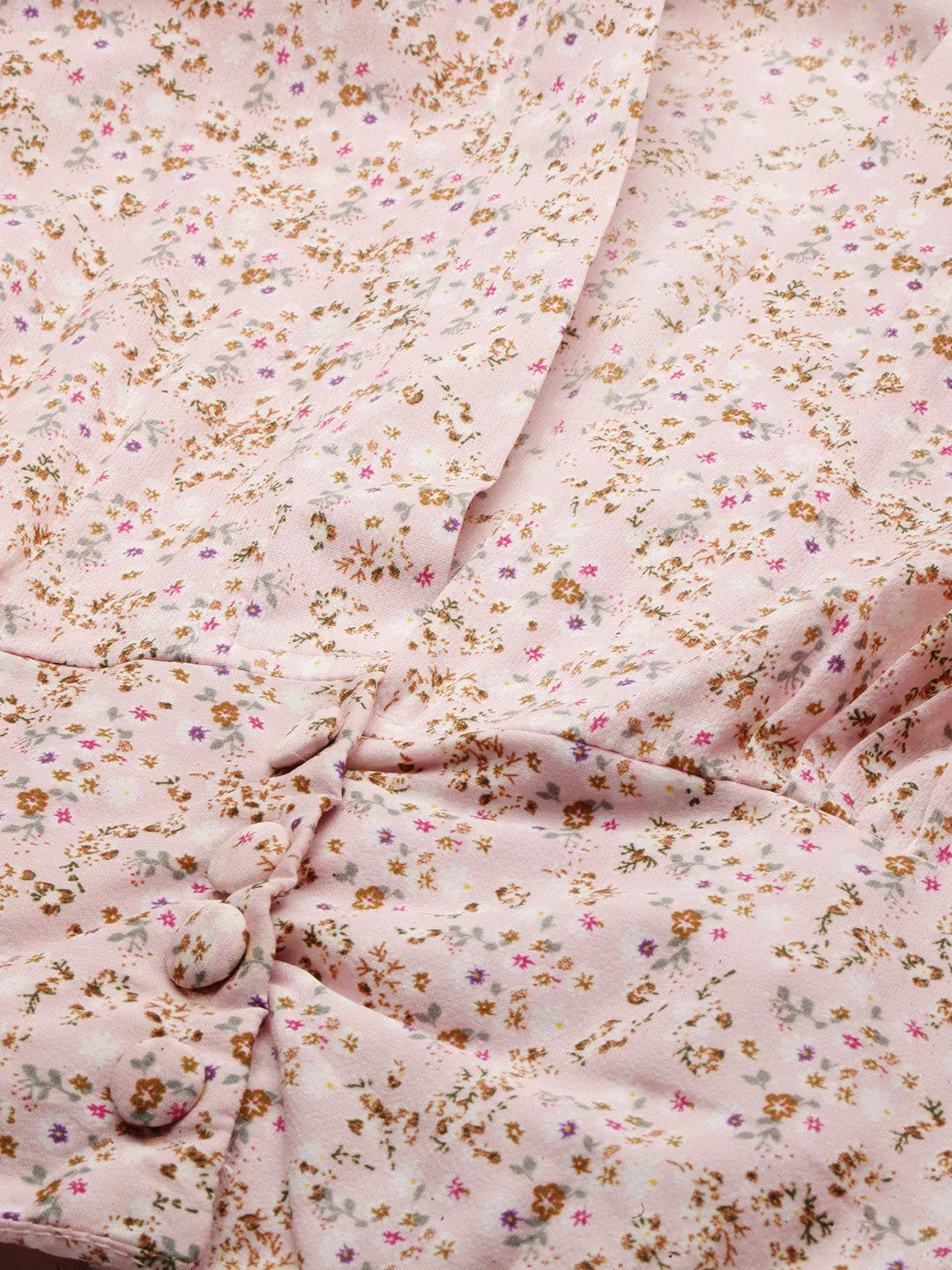 Women Pink Floral Printed Puffed Sleeves Blouson Crop Top