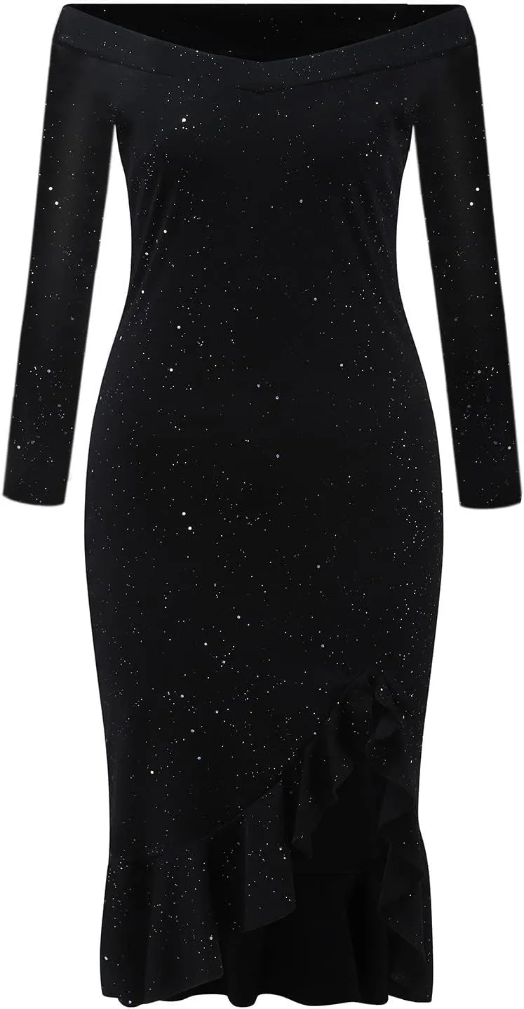 Women Sequin Glitter Midi Dress Off Shoulder Split Plus Size Bodycon Slim Fit Formal Evening Cocktail Prom Ball Gowns