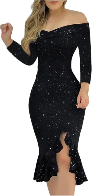 Women Sequin Glitter Midi Dress Off Shoulder Split Plus Size Bodycon Slim Fit Formal Evening Cocktail Prom Ball Gowns