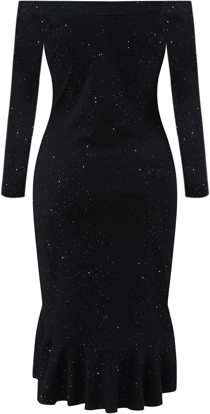 Women Sequin Glitter Midi Dress Off Shoulder Split Plus Size Bodycon Slim Fit Formal Evening Cocktail Prom Ball Gowns