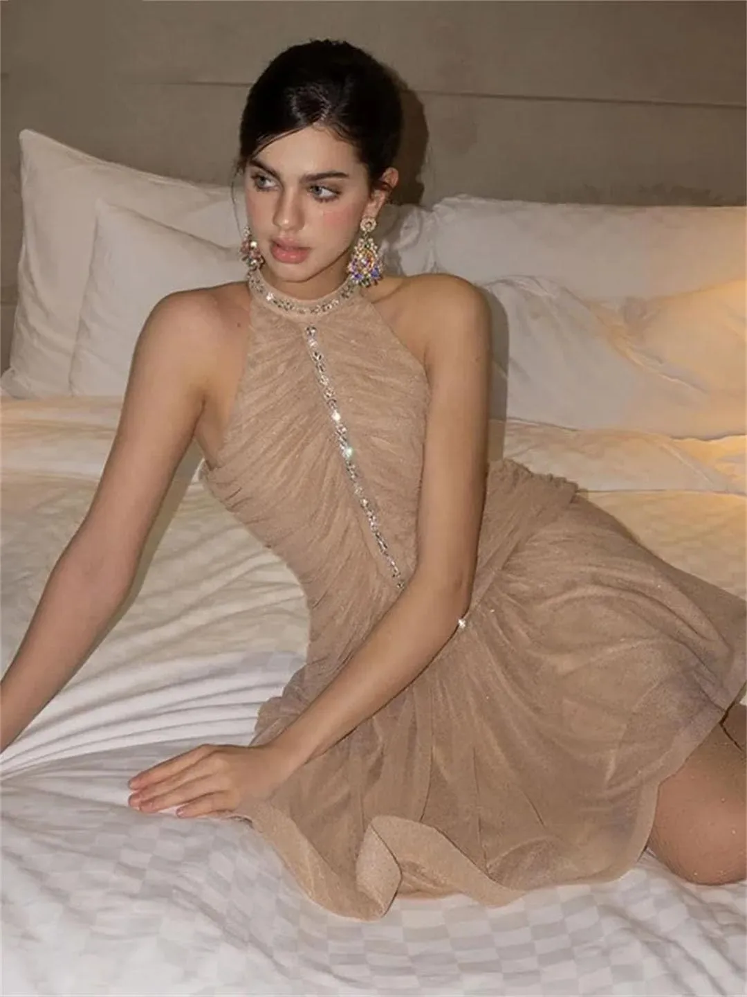 Women Sexy Halter Rhinestone Mini Dress Mesh Fold Ruffles Sleeveless Dresses Party Robe