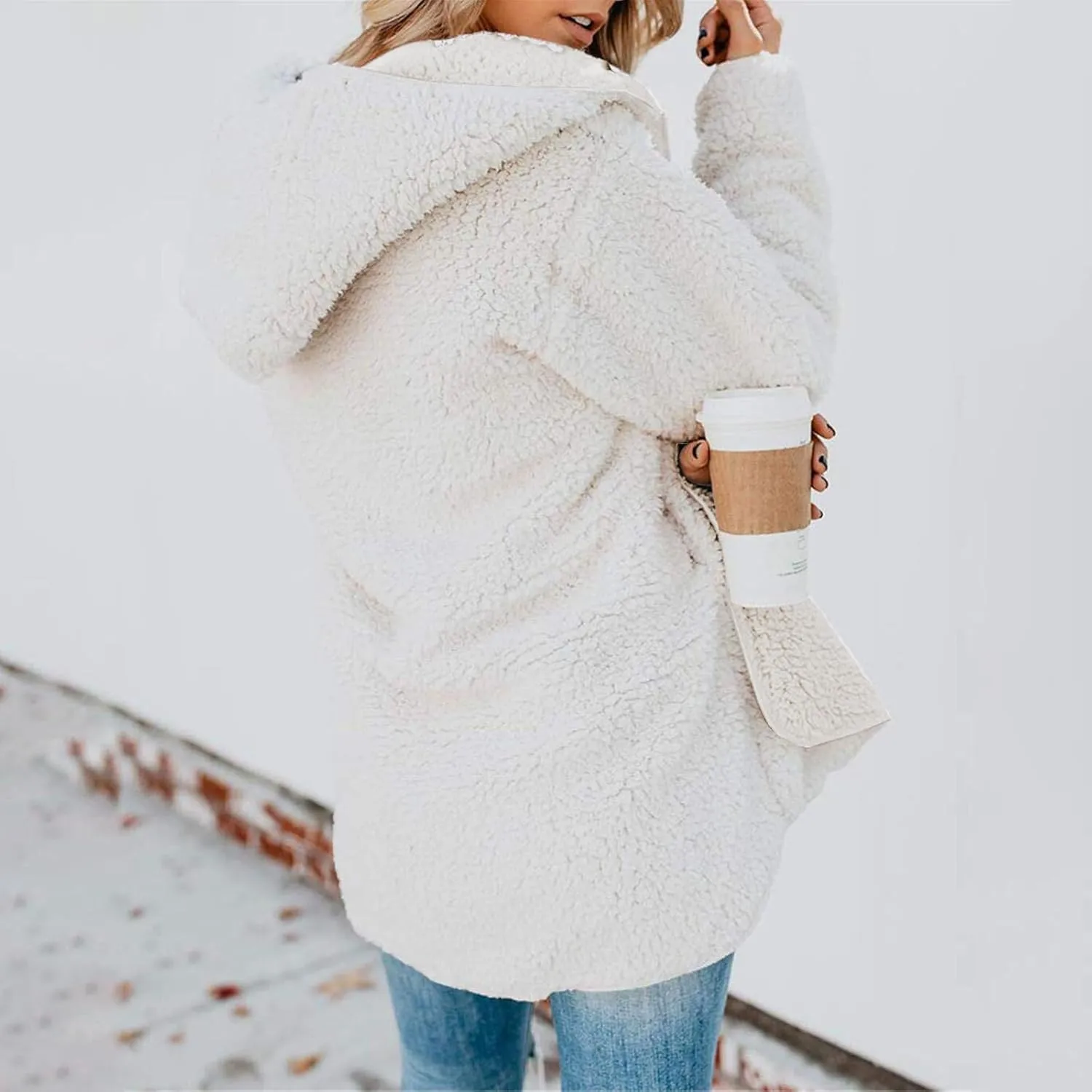 Women Sherpa Jacket Oversized Fleece Jacket Fall Teddy Bear Coat with Pockets Plus Size Open Front Hooded Cardigan