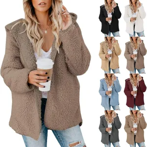Women Sherpa Jacket Oversized Fleece Jacket Fall Teddy Bear Coat with Pockets Plus Size Open Front Hooded Cardigan