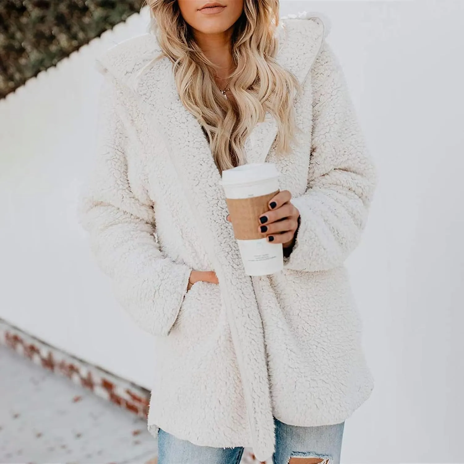 Women Sherpa Jacket Oversized Fleece Jacket Fall Teddy Bear Coat with Pockets Plus Size Open Front Hooded Cardigan