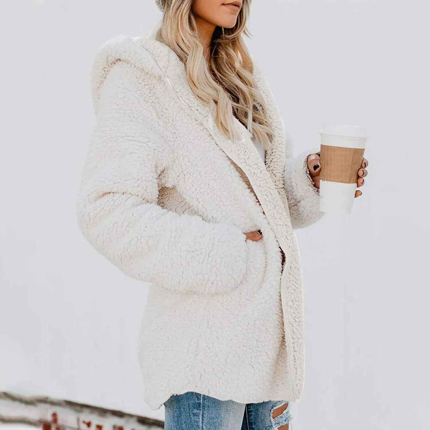 Women Sherpa Jacket Oversized Fleece Jacket Fall Teddy Bear Coat with Pockets Plus Size Open Front Hooded Cardigan