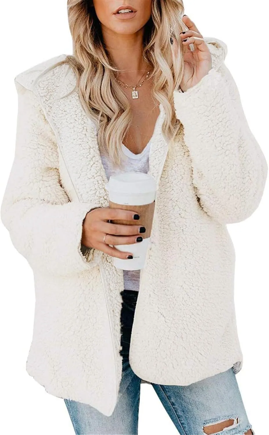 Women Sherpa Jacket Oversized Fleece Jacket Fall Teddy Bear Coat with Pockets Plus Size Open Front Hooded Cardigan