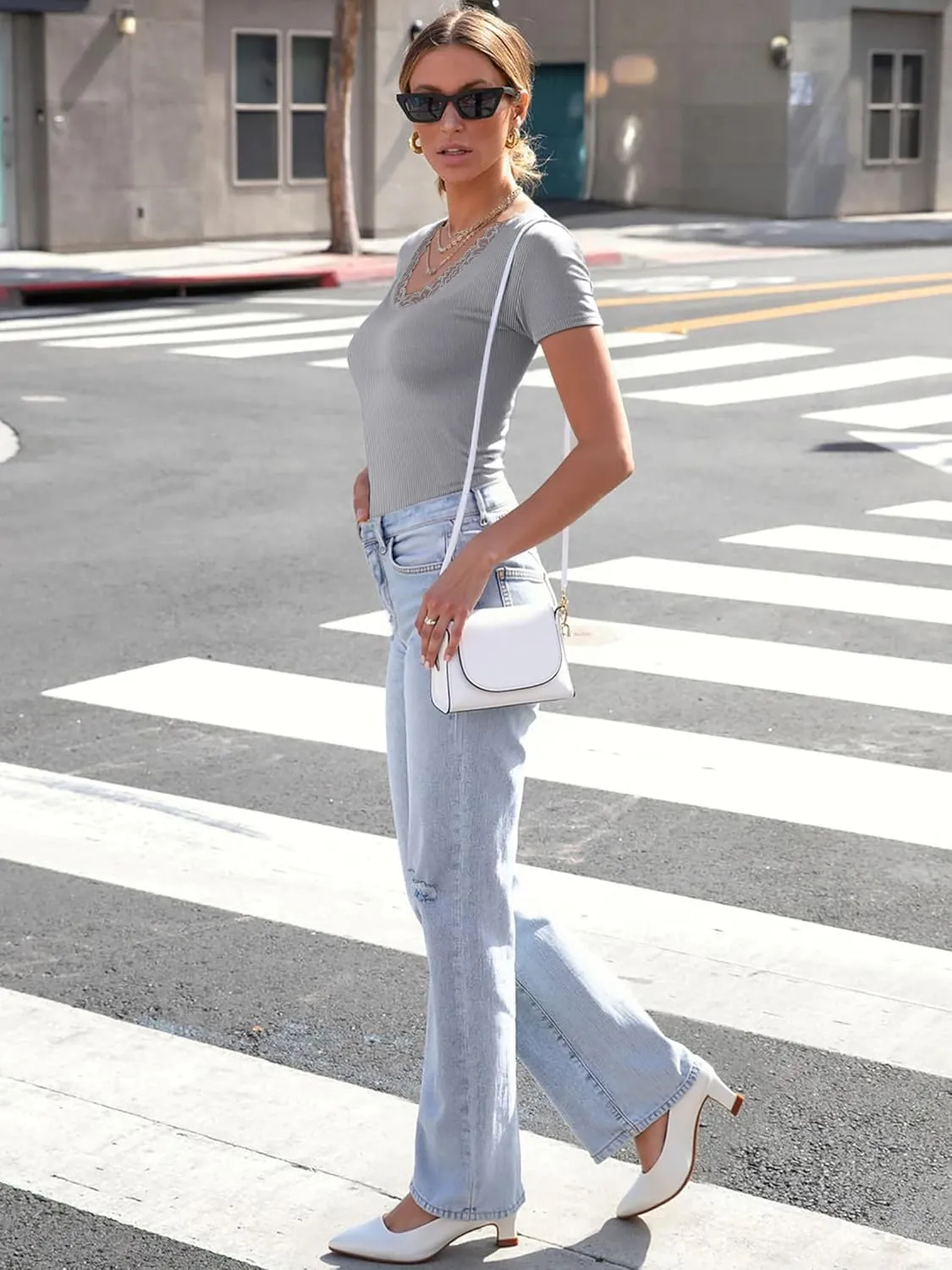 Women Short Sleeve Lace V Neck Shirts Ribbed Knit Fitted Basic Tee Tops Business Dressy Casual Summer Blouses T-Shirt