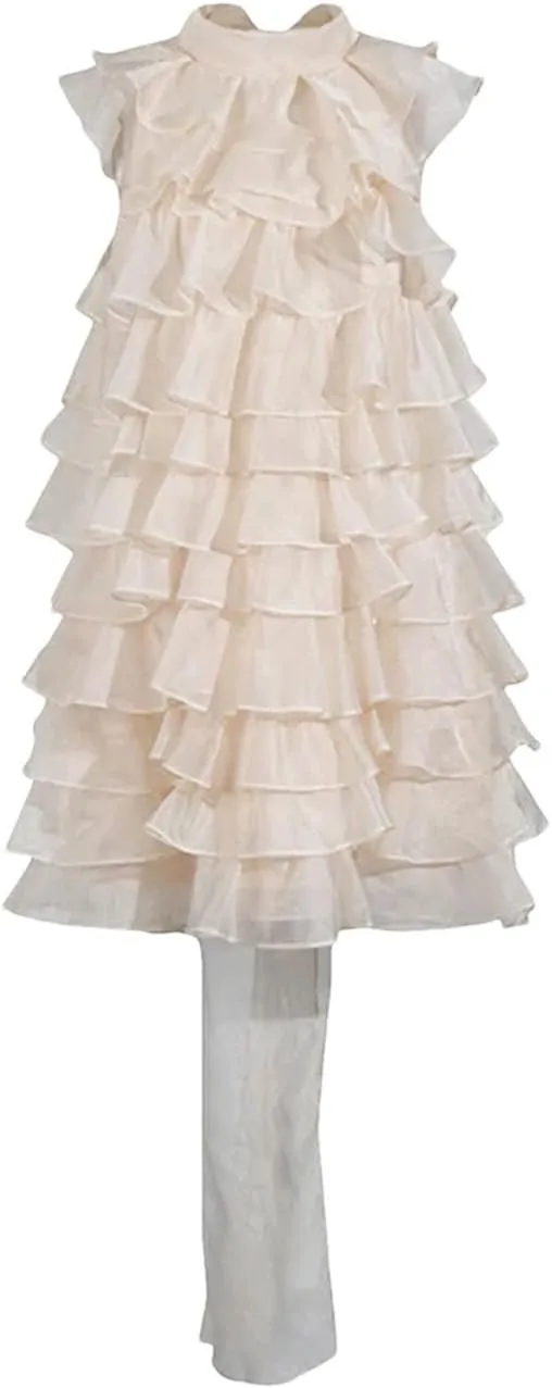 Women Solid Patchwork Ruffles Mini O Neck Sleeveless High Waist Temperament Dress