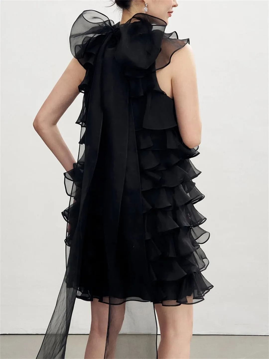Women Solid Patchwork Ruffles Mini O Neck Sleeveless High Waist Temperament Dress