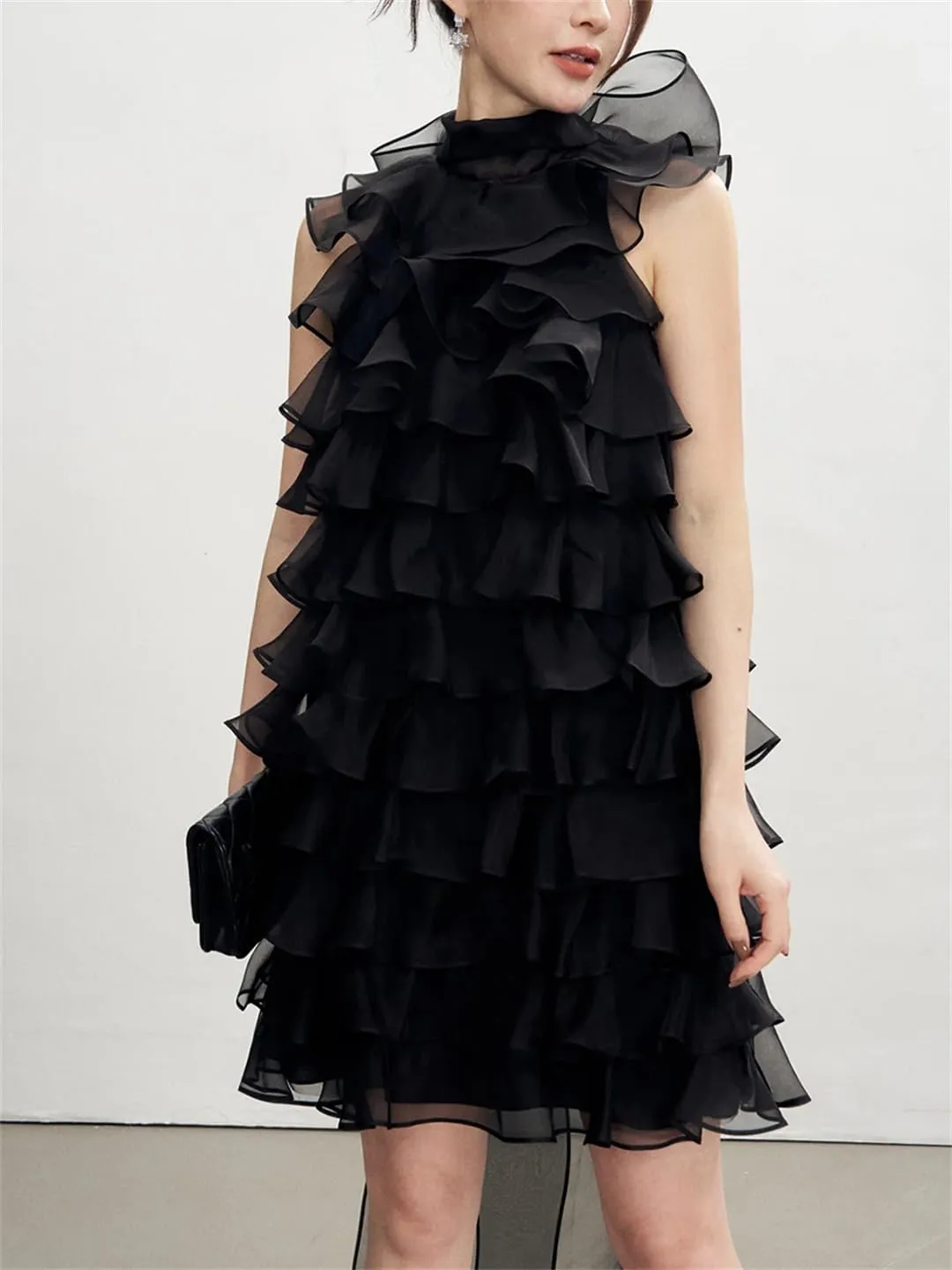Women Solid Patchwork Ruffles Mini O Neck Sleeveless High Waist Temperament Dress