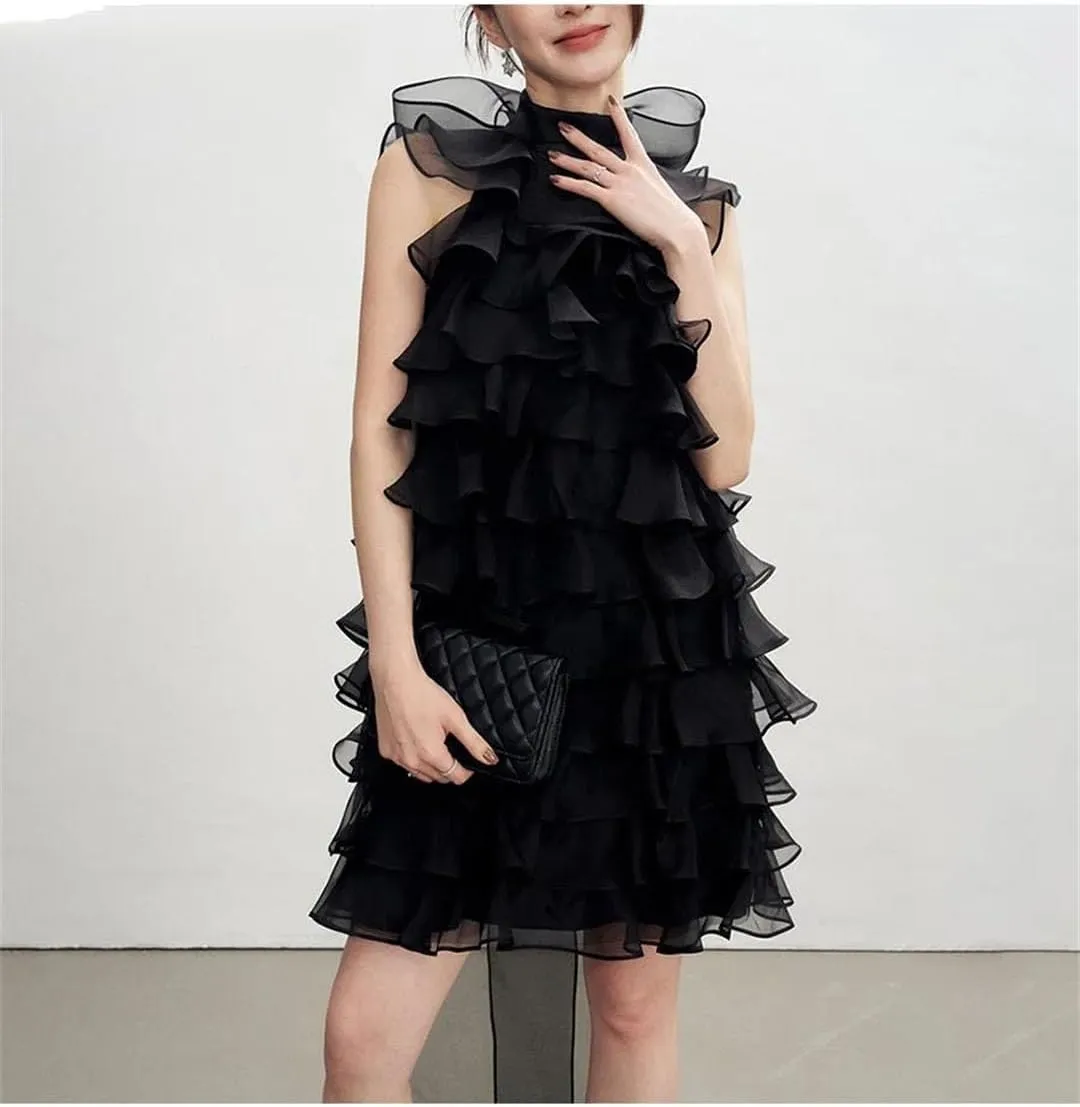 Women Solid Patchwork Ruffles Mini O Neck Sleeveless High Waist Temperament Dress