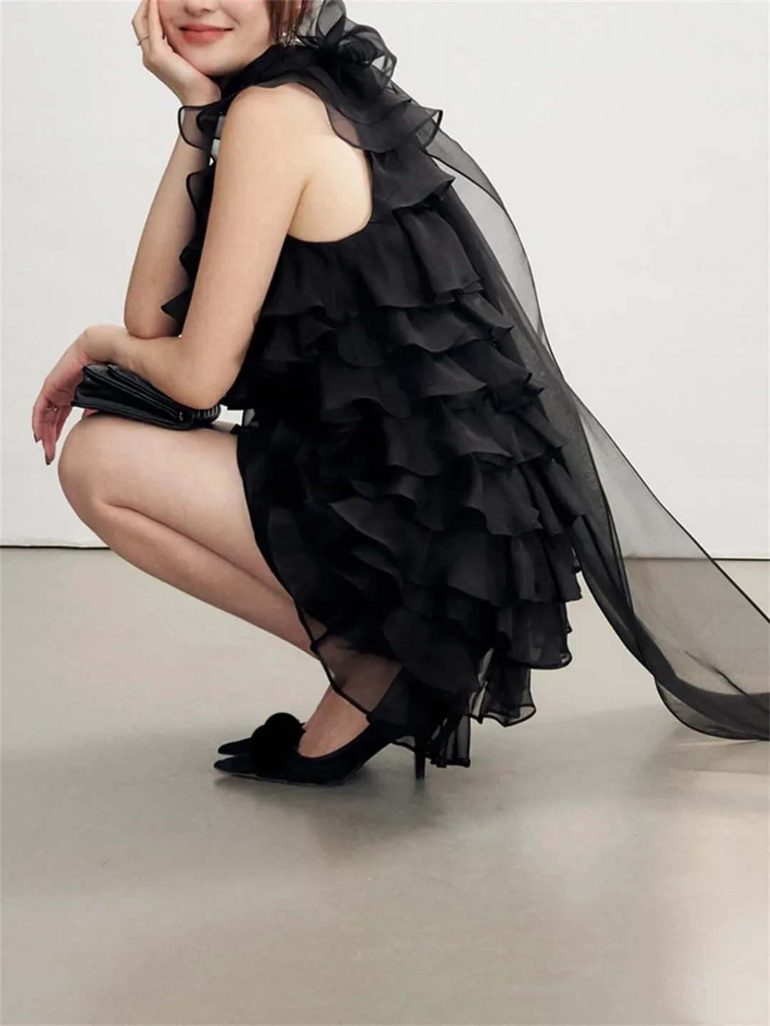 Women Solid Patchwork Ruffles Mini O Neck Sleeveless High Waist Temperament Dress