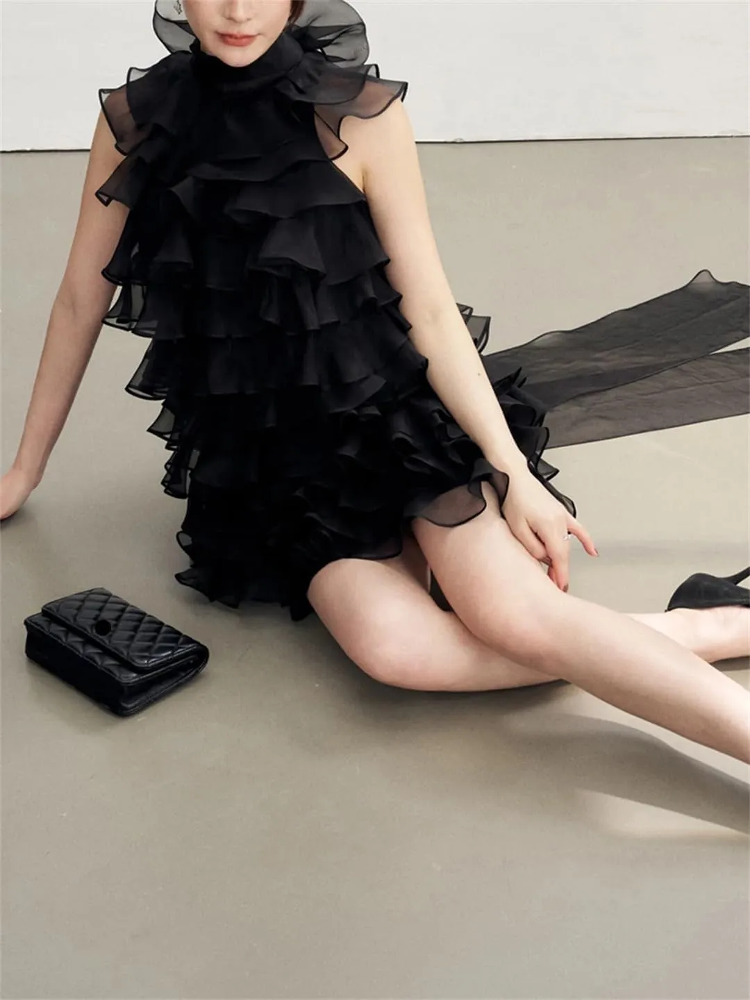 Women Solid Patchwork Ruffles Mini O Neck Sleeveless High Waist Temperament Dress