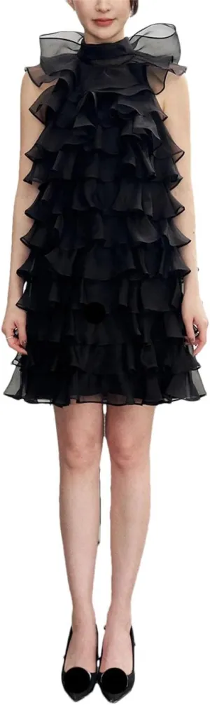 Women Solid Patchwork Ruffles Mini O Neck Sleeveless High Waist Temperament Dress