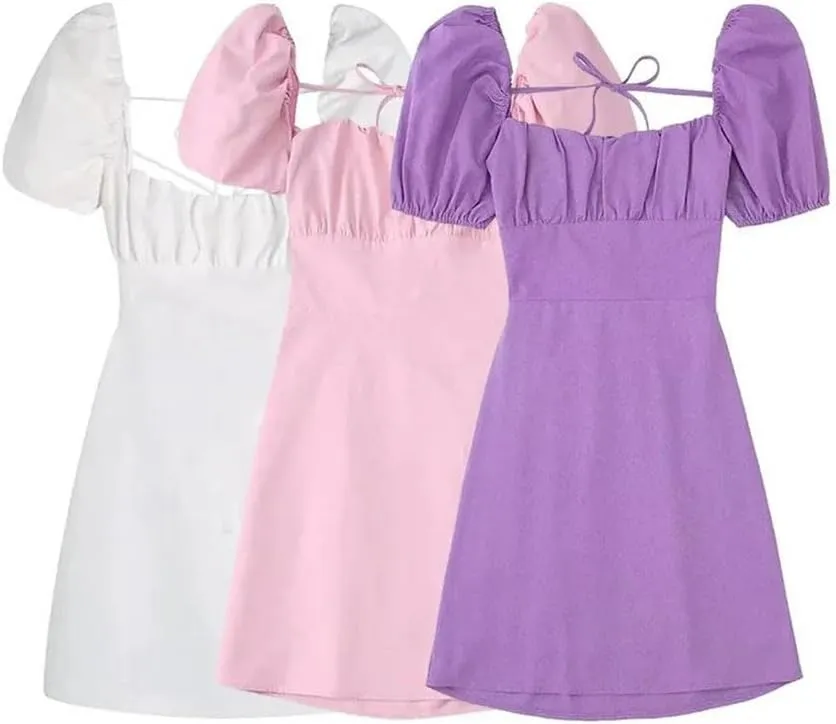 Women Square Collar Puff Sleeve Sexy Dress High Waisted Lace-Up Backless Cotton Mini Dresses