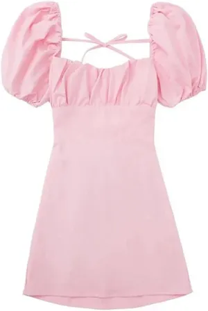 Women Square Collar Puff Sleeve Sexy Dress High Waisted Lace-Up Backless Cotton Mini Dresses