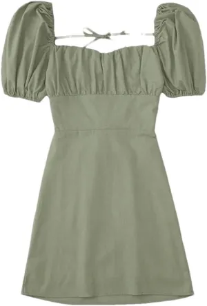 Women Square Collar Puff Sleeve Sexy Dress High Waisted Lace-Up Backless Cotton Mini Dresses