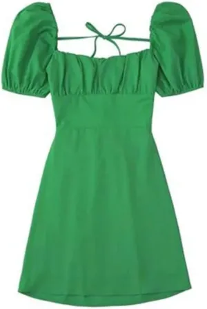 Women Square Collar Puff Sleeve Sexy Dress High Waisted Lace-Up Backless Cotton Mini Dresses