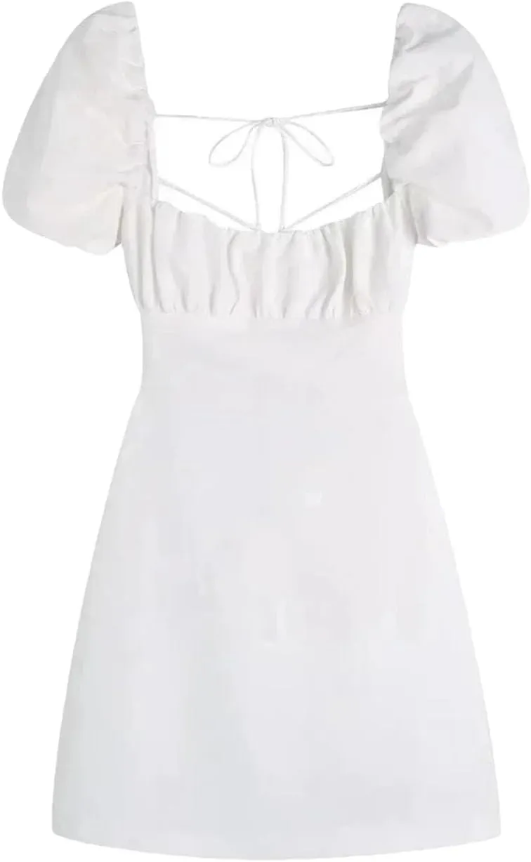 Women Square Collar Puff Sleeve Sexy Dress High Waisted Lace-Up Backless Cotton Mini Dresses