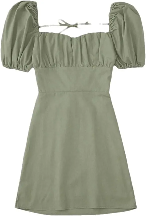 Women Square Collar Puff Sleeve Sexy Dress High Waisted Lace-Up Backless Cotton Mini Dresses