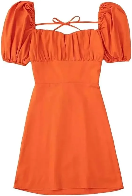 Women Square Collar Puff Sleeve Sexy Dress High Waisted Lace-Up Backless Cotton Mini Dresses