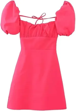 Women Square Collar Puff Sleeve Sexy Dress High Waisted Lace-Up Backless Cotton Mini Dresses