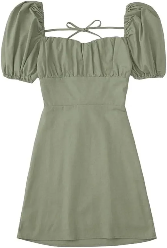 Women Square Collar Puff Sleeve Sexy Dress High Waisted Lace-Up Backless Cotton Mini Dresses
