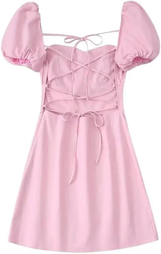 Women Square Collar Puff Sleeve Sexy Dress High Waisted Lace-Up Backless Cotton Mini Dresses