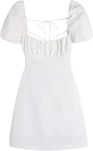 Women Square Collar Puff Sleeve Sexy Dress High Waisted Lace-Up Backless Cotton Mini Dresses