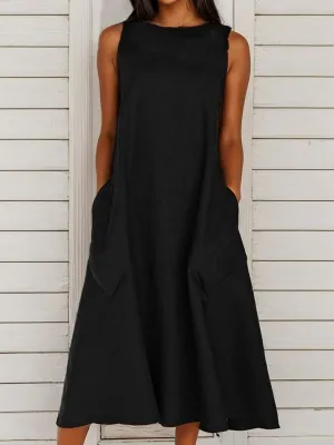 Women Summer Linen Sun Dress Casual Sleeveless Crewneck Flowy Shift Maxi Dress Loose Beach Dresses with Pocket