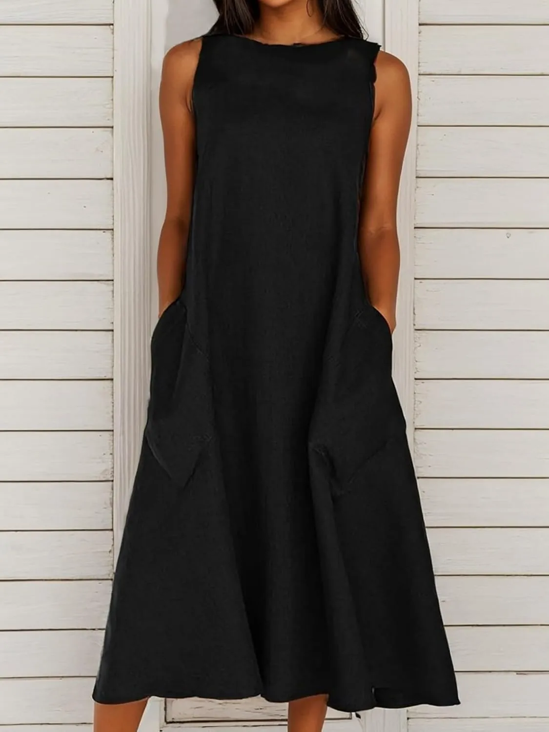 Women Summer Linen Sun Dress Casual Sleeveless Crewneck Flowy Shift Maxi Dress Loose Beach Dresses with Pocket