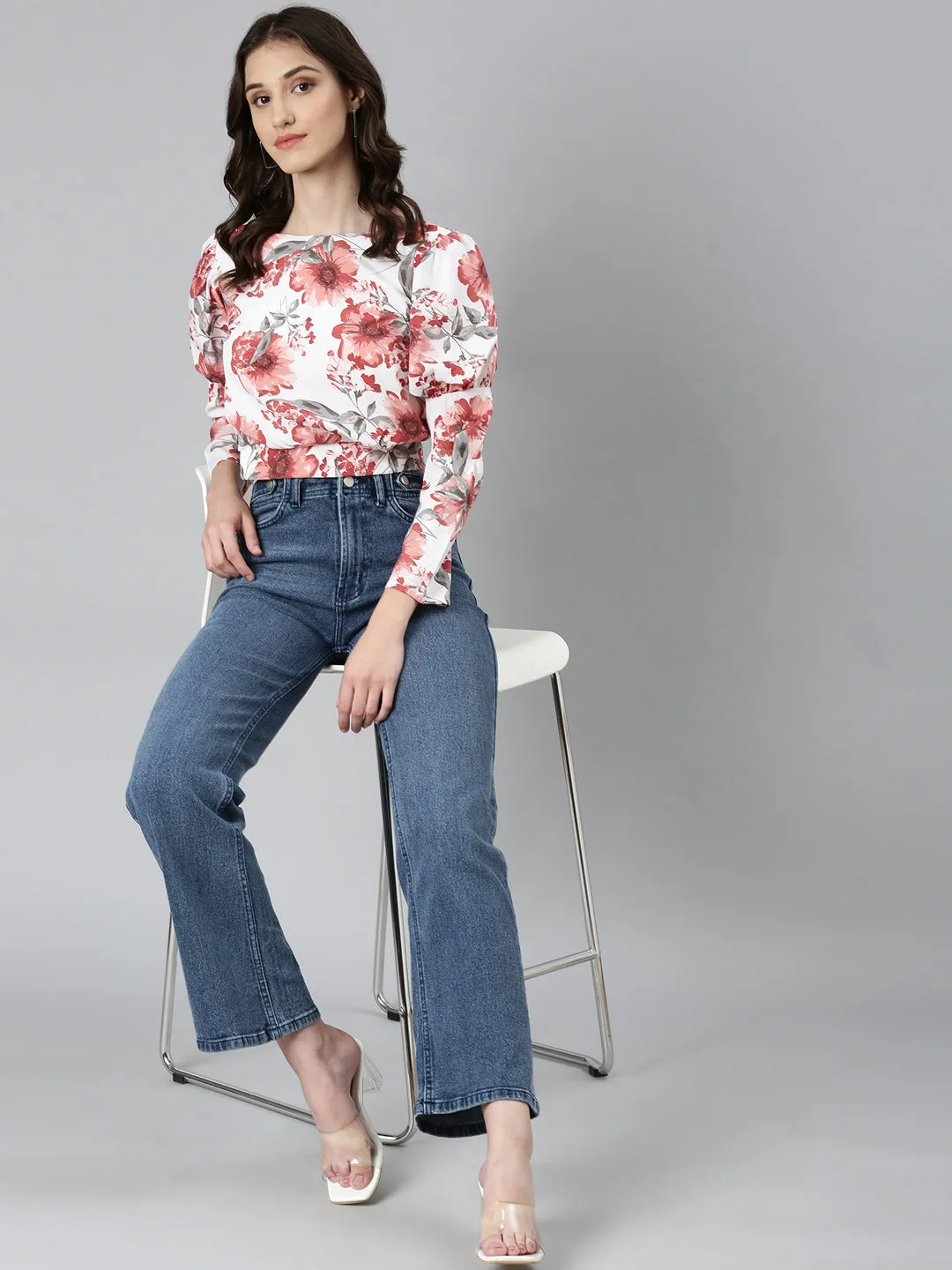 Women White Floral Printed Blouson Crop Top
