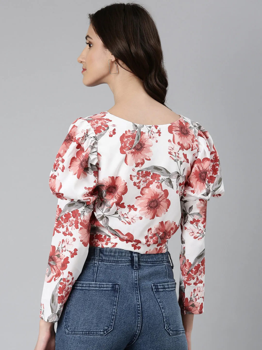 Women White Floral Printed Blouson Crop Top