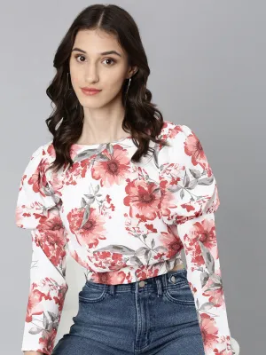 Women White Floral Printed Blouson Crop Top