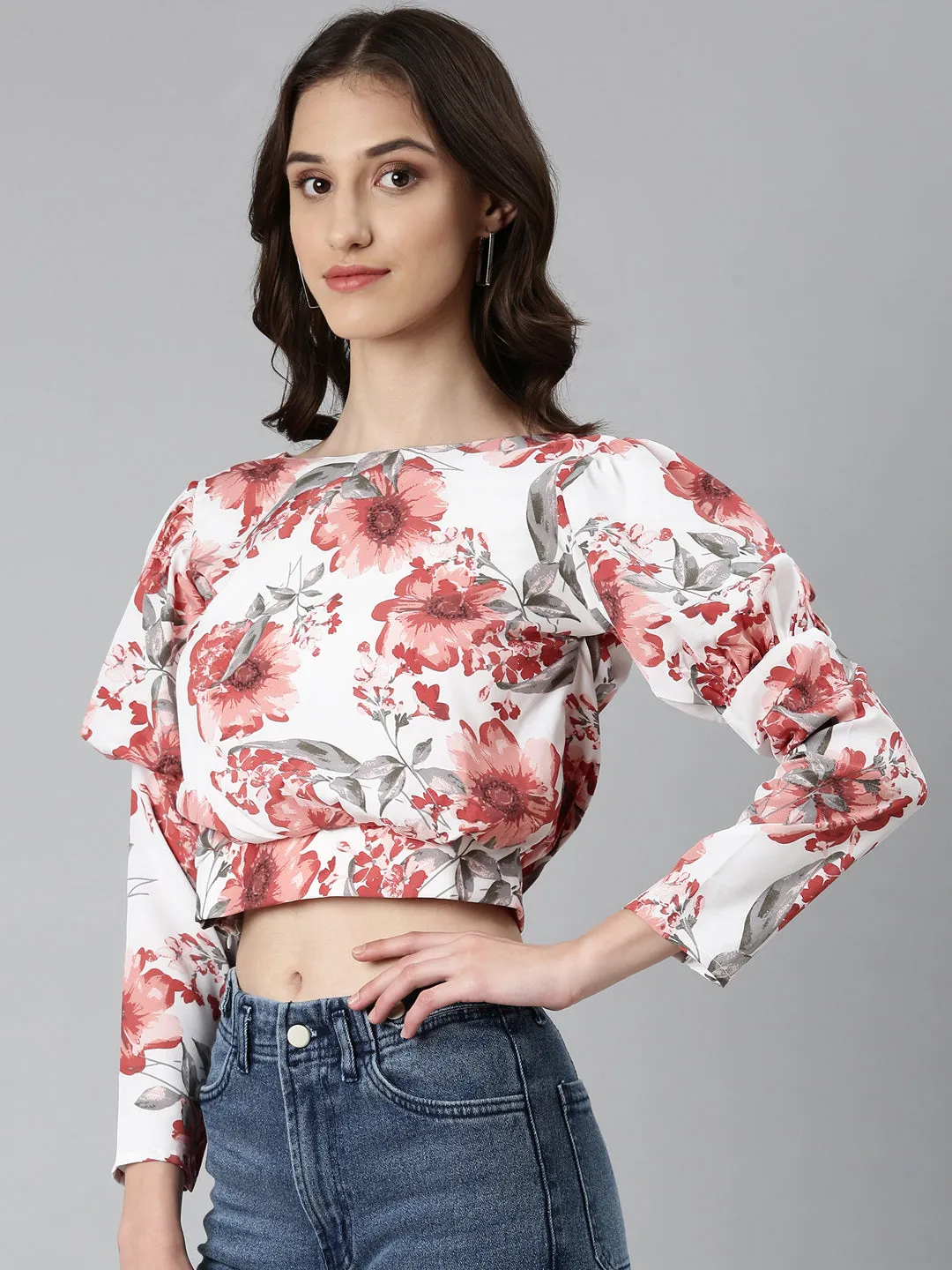 Women White Floral Printed Blouson Crop Top