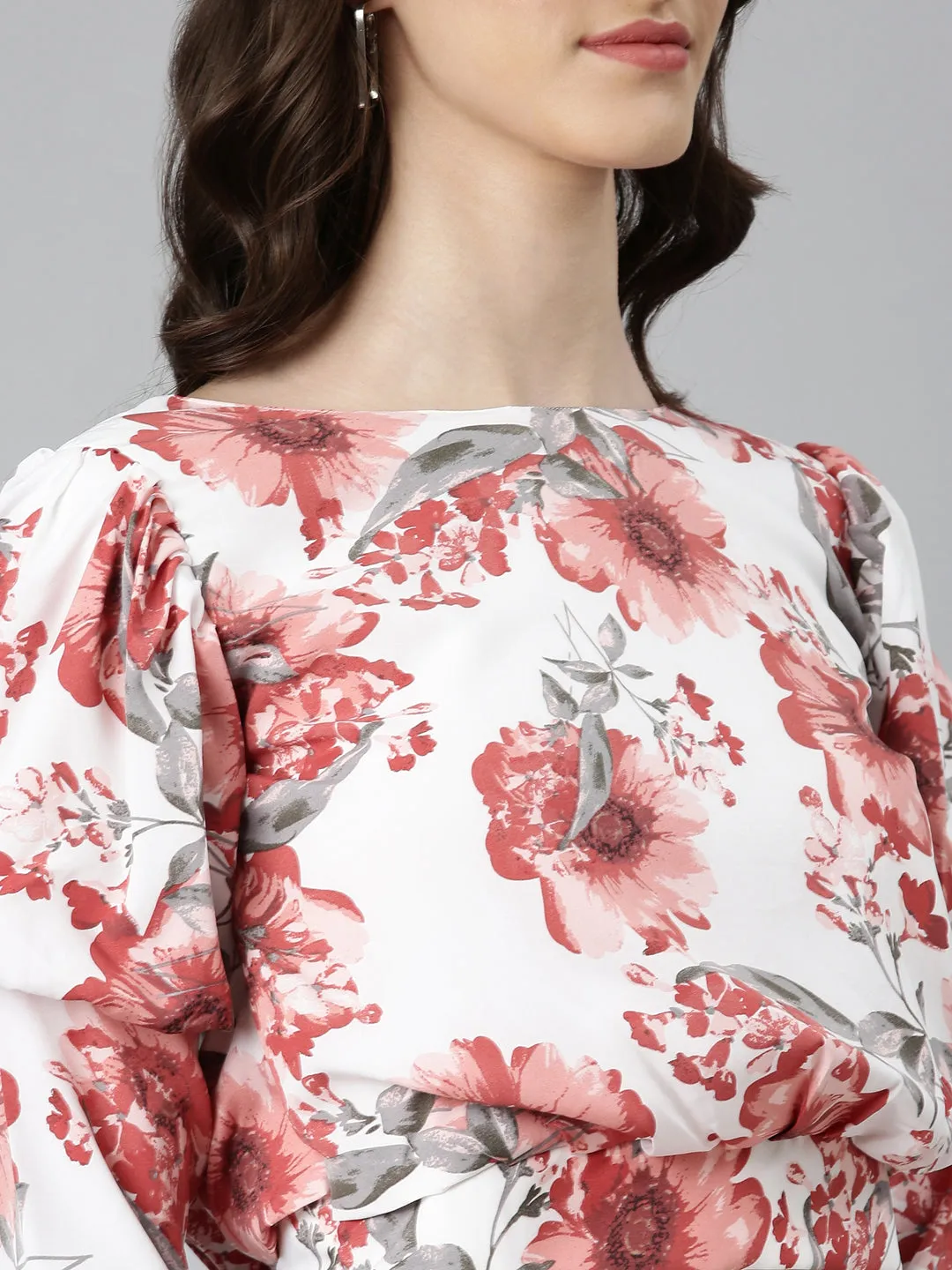 Women White Floral Printed Blouson Crop Top